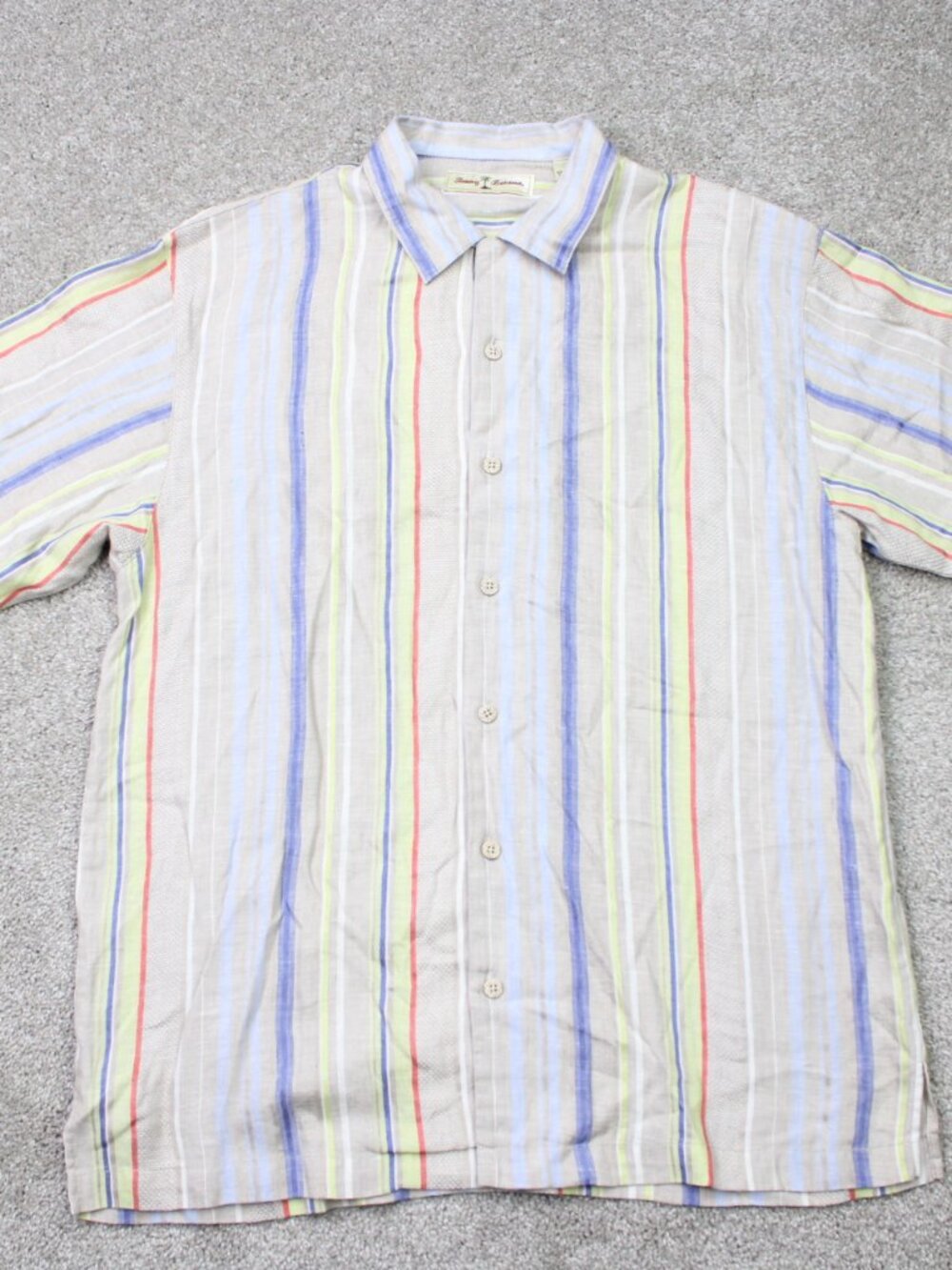 Tommy Bahama Camp Shirt Mens Medium Beige Loop Collar 100% Linen Short Sleeve